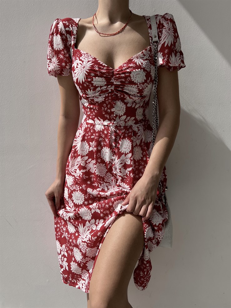 Çiçek Desen Düğmeli Midi Boy Göğüs Büzgülü Gilberto Kadın Bordo Elbise 22Y000220