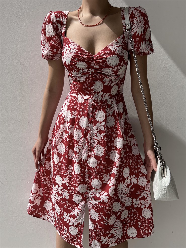 Çiçek Desen Düğmeli Midi Boy Göğüs Büzgülü Gilberto Kadın Bordo Elbise 22Y000220