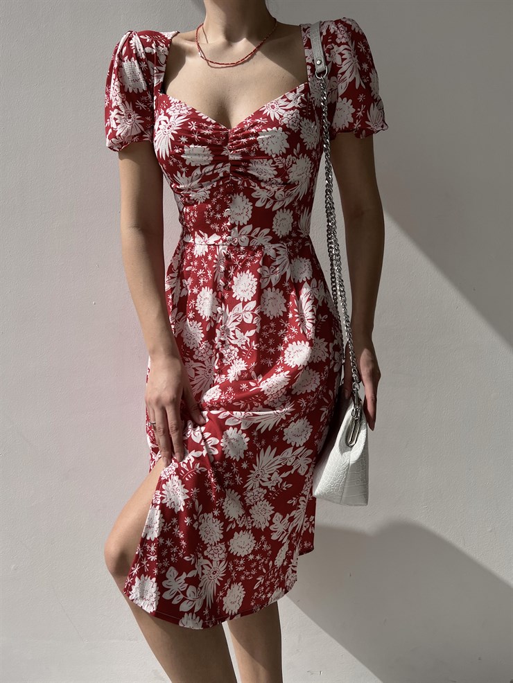 Çiçek Desen Düğmeli Midi Boy Göğüs Büzgülü Gilberto Kadın Bordo Elbise 22Y000220