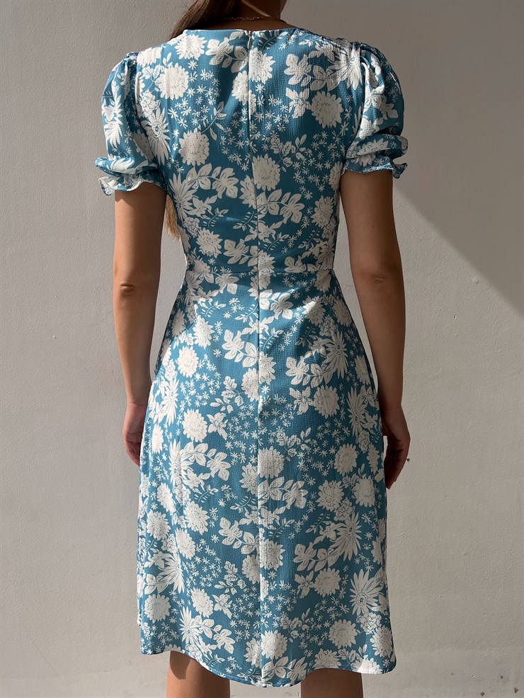 Çiçek Desen Düğmeli Midi Boy Göğüs Büzgülü Gilberto Kadın Mavi Elbise 22Y000220