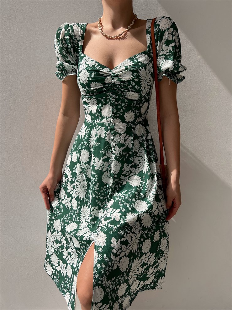 Çiçek Desen Düğmeli Midi Boy Göğüs Büzgülü Gilberto Kadın Yeşil Elbise 22Y000220