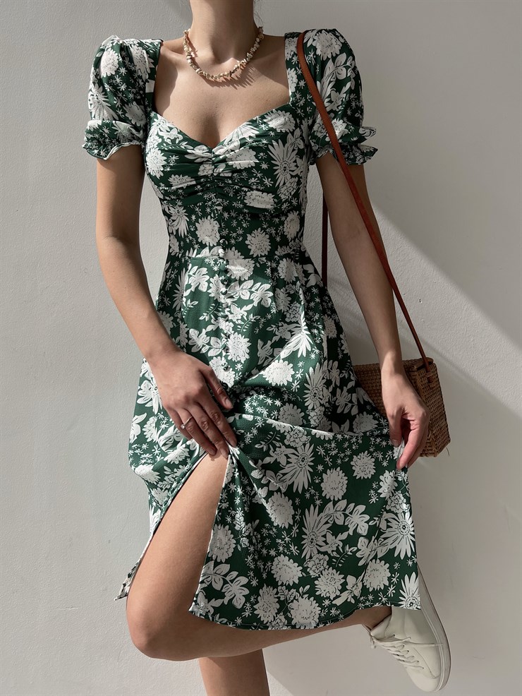 Çiçek Desen Düğmeli Midi Boy Göğüs Büzgülü Gilberto Kadın Yeşil Elbise 22Y000220