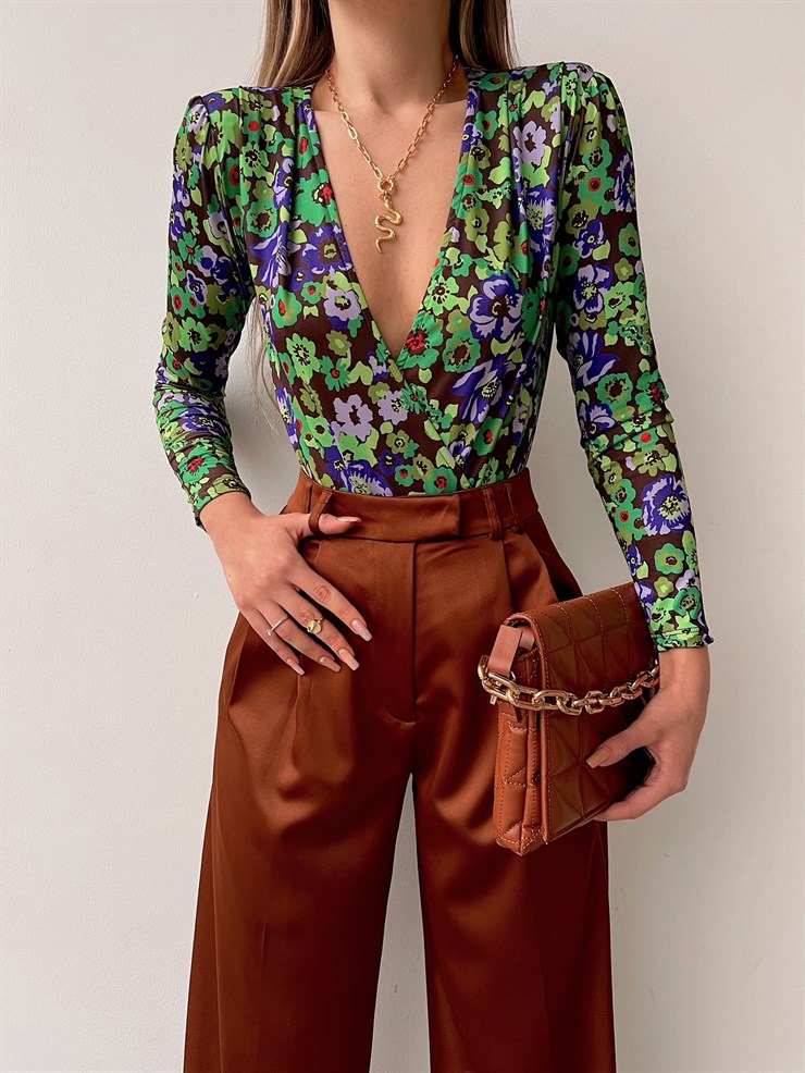 Çiçek Desen Kruvaze Amira Kadın Yeşil Bodysuit 22K000620