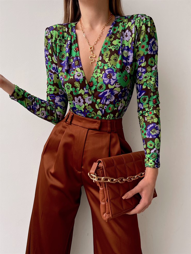 Çiçek Desen Kruvaze Amira Kadın Yeşil Bodysuit 22K000620