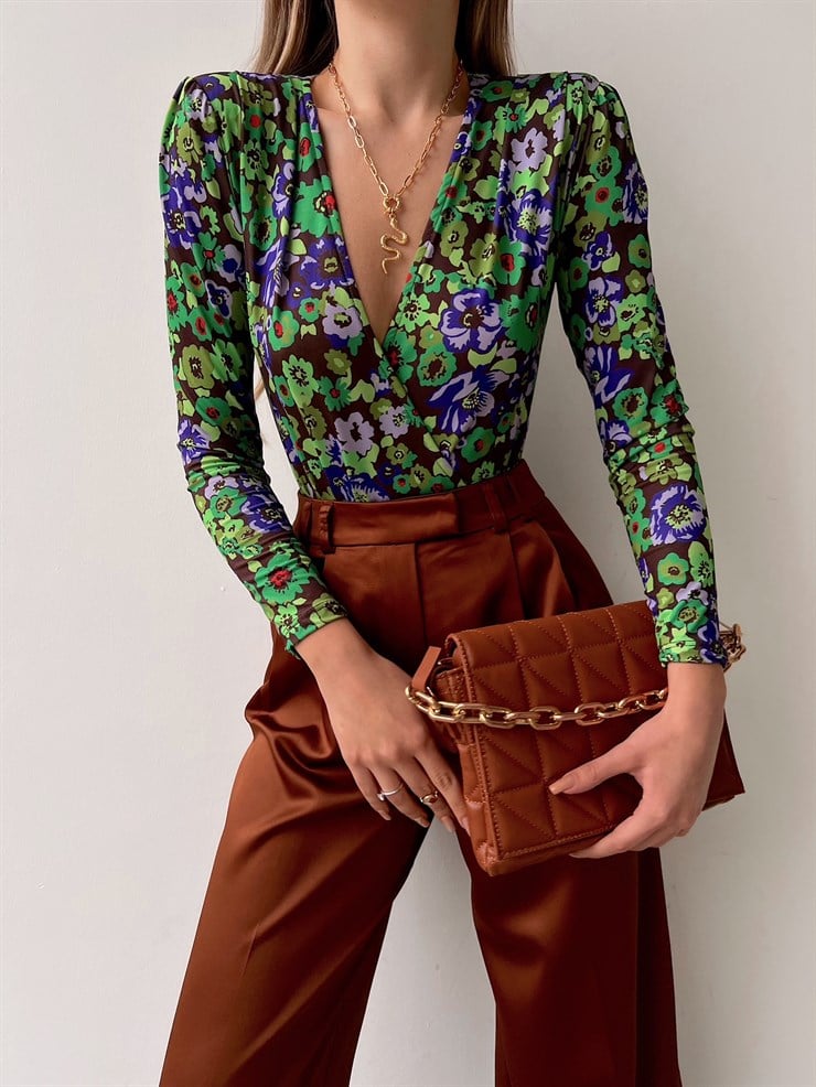 Çiçek Desen Kruvaze Amira Kadın Yeşil Bodysuit 22K000620