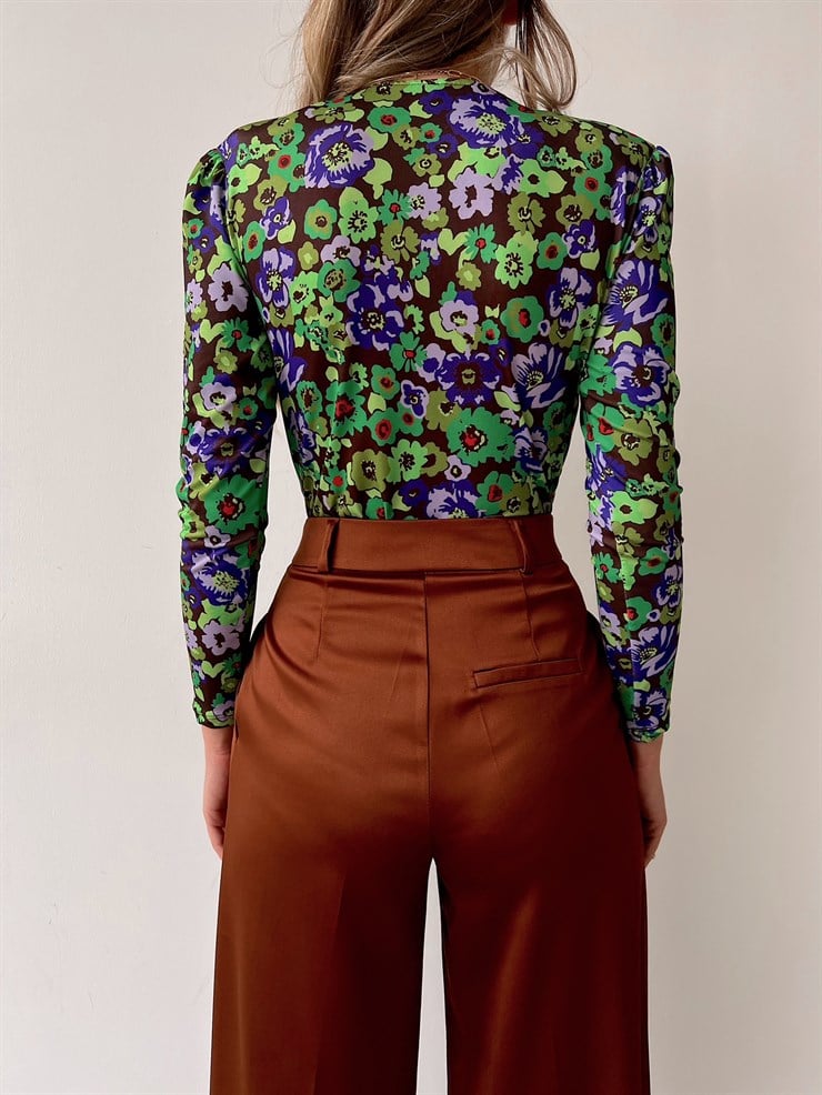 Çiçek Desen Kruvaze Amira Kadın Yeşil Bodysuit 22K000620