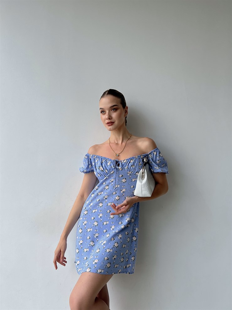 Çiçek Desen Mini Boy Yakası Lastikli Madonna Kadın Mavi Elbise 22Y000355