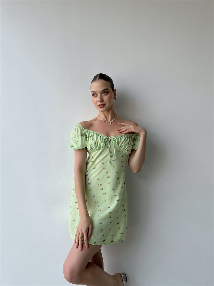 Çiçek Desen Mini Boy Yakası Lastikli Madonna Kadın Yeşil Elbise 22Y000355