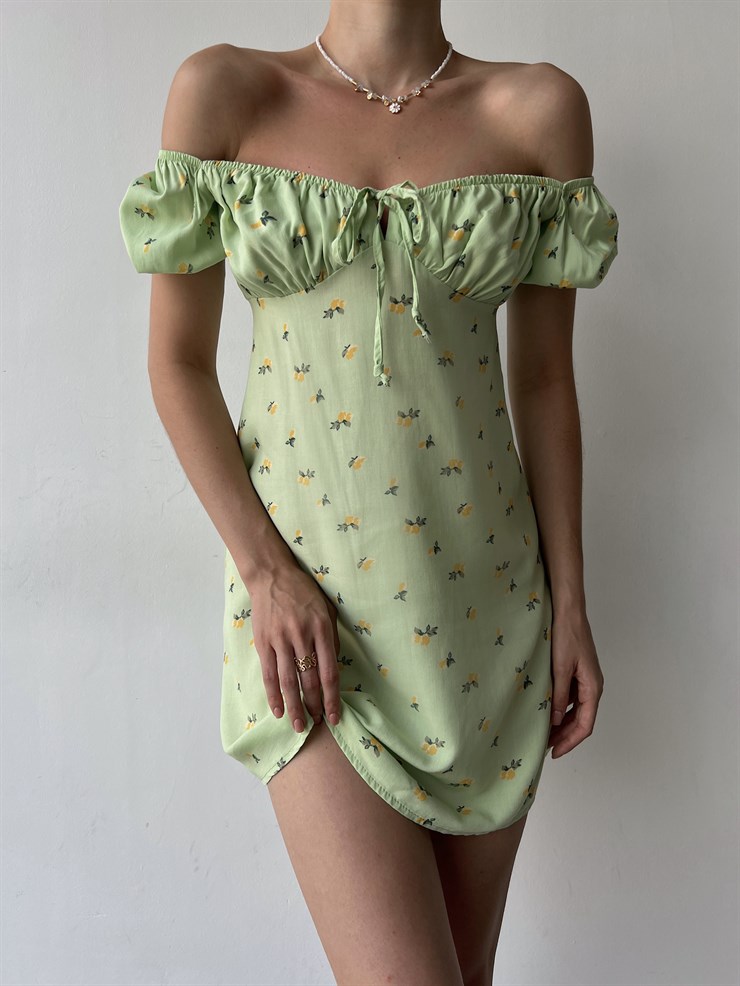 Çiçek Desen Mini Boy Yakası Lastikli Madonna Kadın Yeşil Elbise 22Y000355