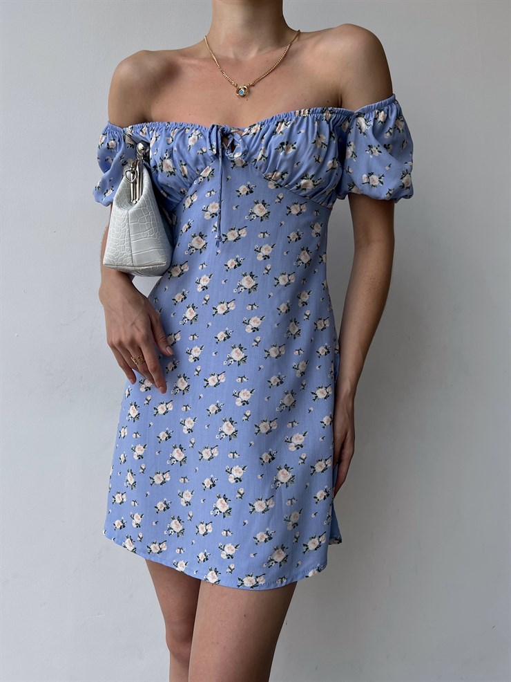 Çiçek Desen Mini Boy Yakası Lastikli Madonna Kadın Mavi Elbise 22Y000355