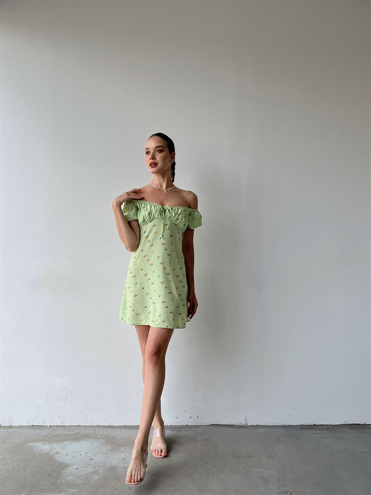 Çiçek Desen Mini Boy Yakası Lastikli Madonna Kadın Yeşil Elbise 22Y000355