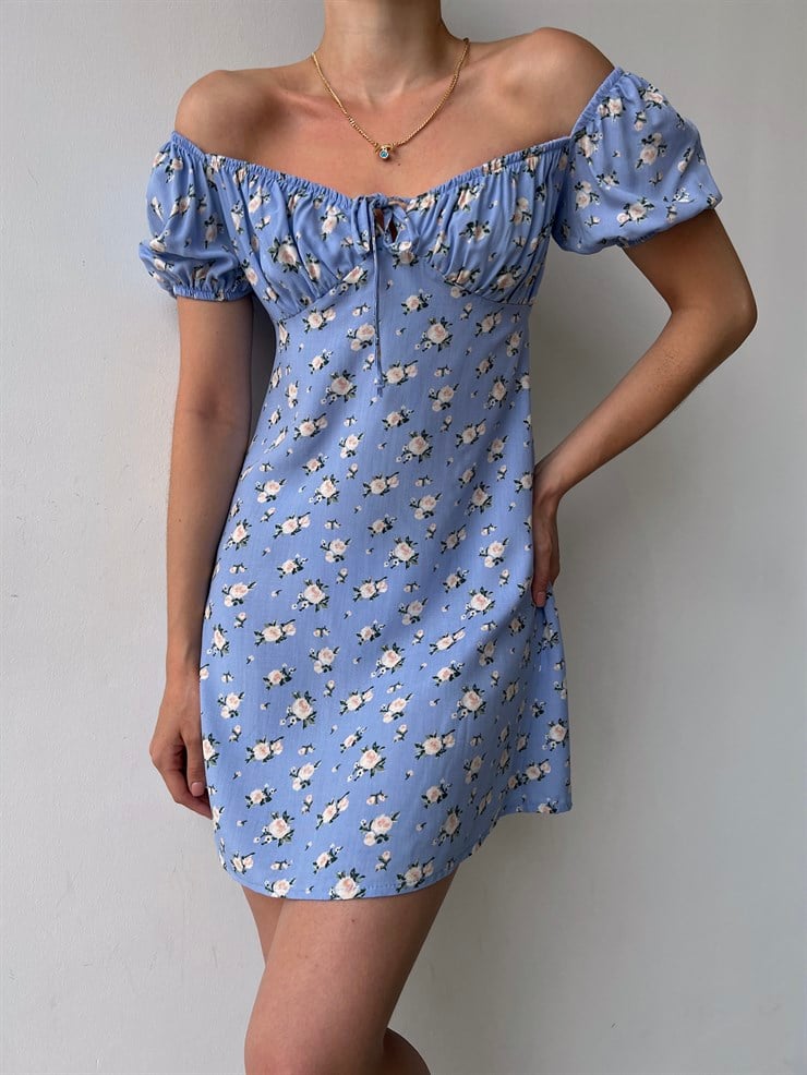Çiçek Desen Mini Boy Yakası Lastikli Madonna Kadın Mavi Elbise 22Y000355