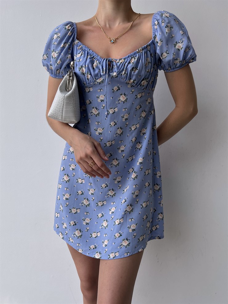 Çiçek Desen Mini Boy Yakası Lastikli Madonna Kadın Mavi Elbise 22Y000355