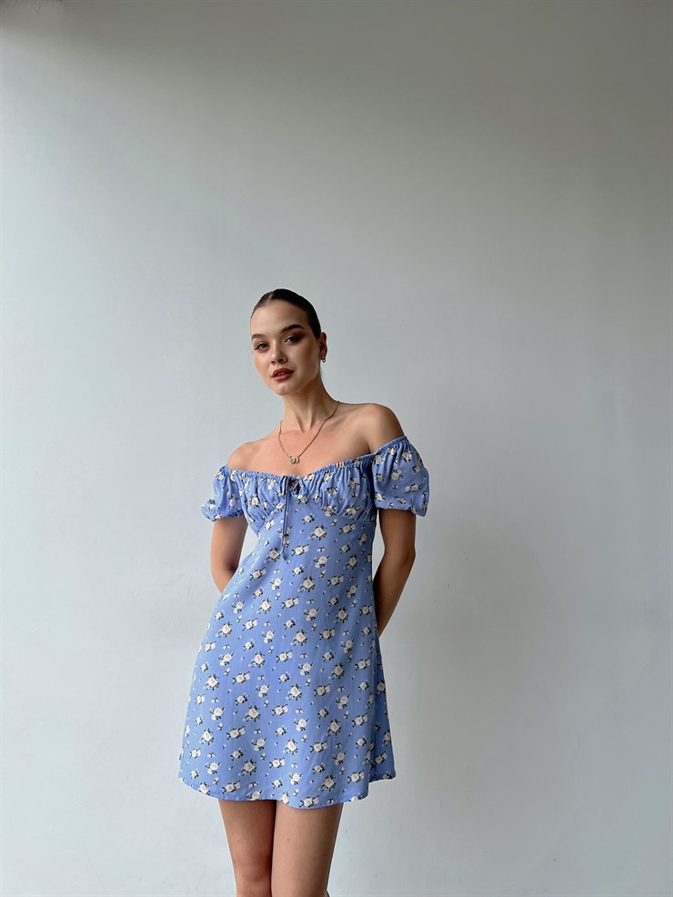 Çiçek Desen Mini Boy Yakası Lastikli Madonna Kadın Mavi Elbise 22Y000355