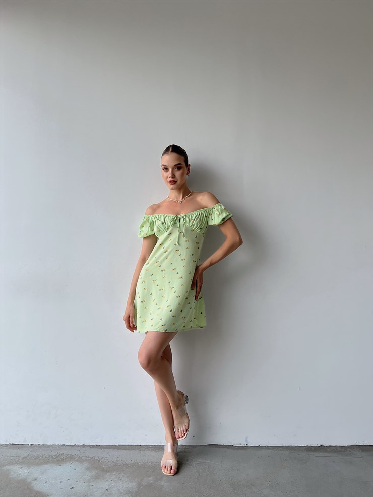 Çiçek Desen Mini Boy Yakası Lastikli Madonna Kadın Yeşil Elbise 22Y000355