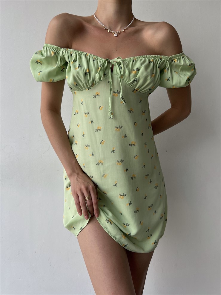Çiçek Desen Mini Boy Yakası Lastikli Madonna Kadın Yeşil Elbise 22Y000355