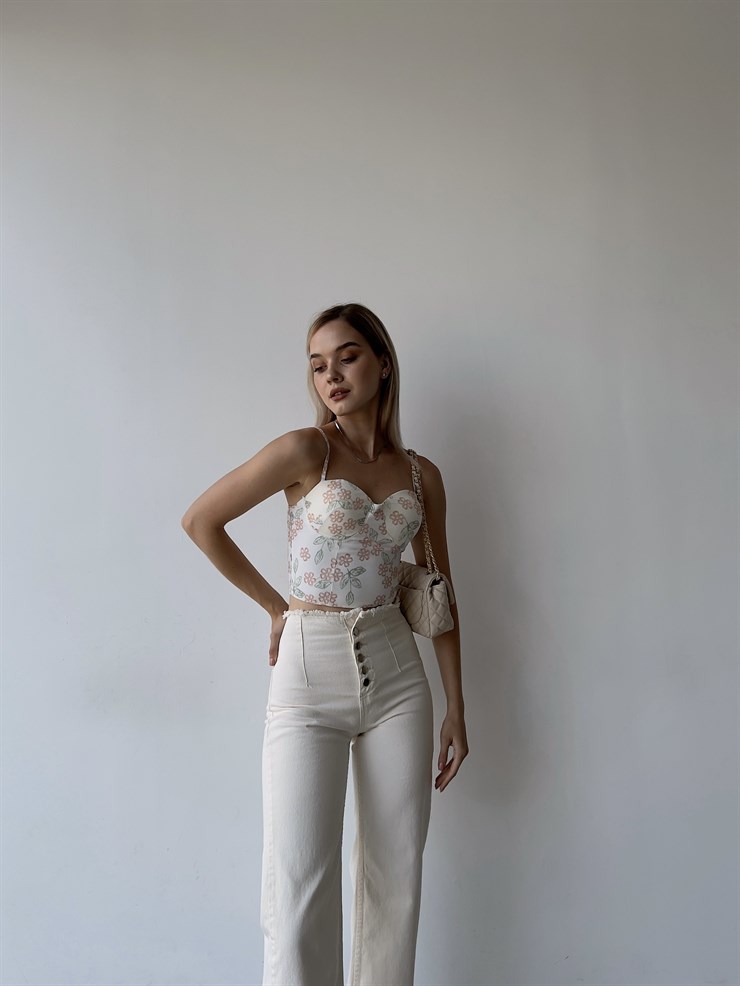 Çiçek Desen Sırtı Gipeli Göğüs Kuplu Harper Kadın Beyaz Crop Bluz 22Y000210