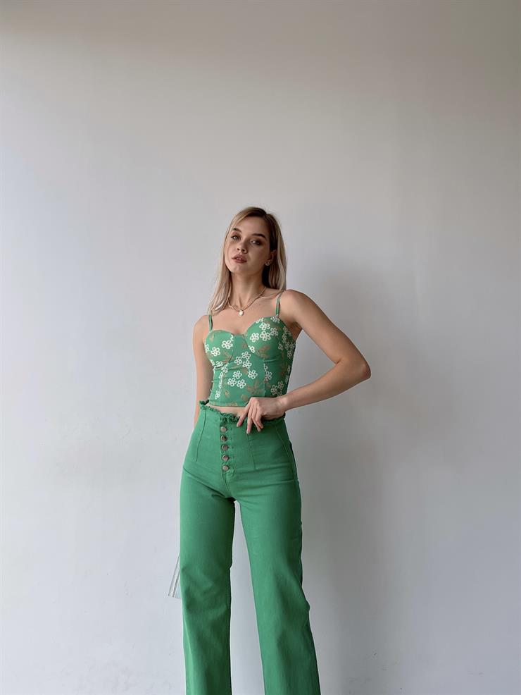 Çiçek Desen Sırtı Gipeli Göğüs Kuplu Harper Kadın Yeşil Crop Bluz 22Y000210