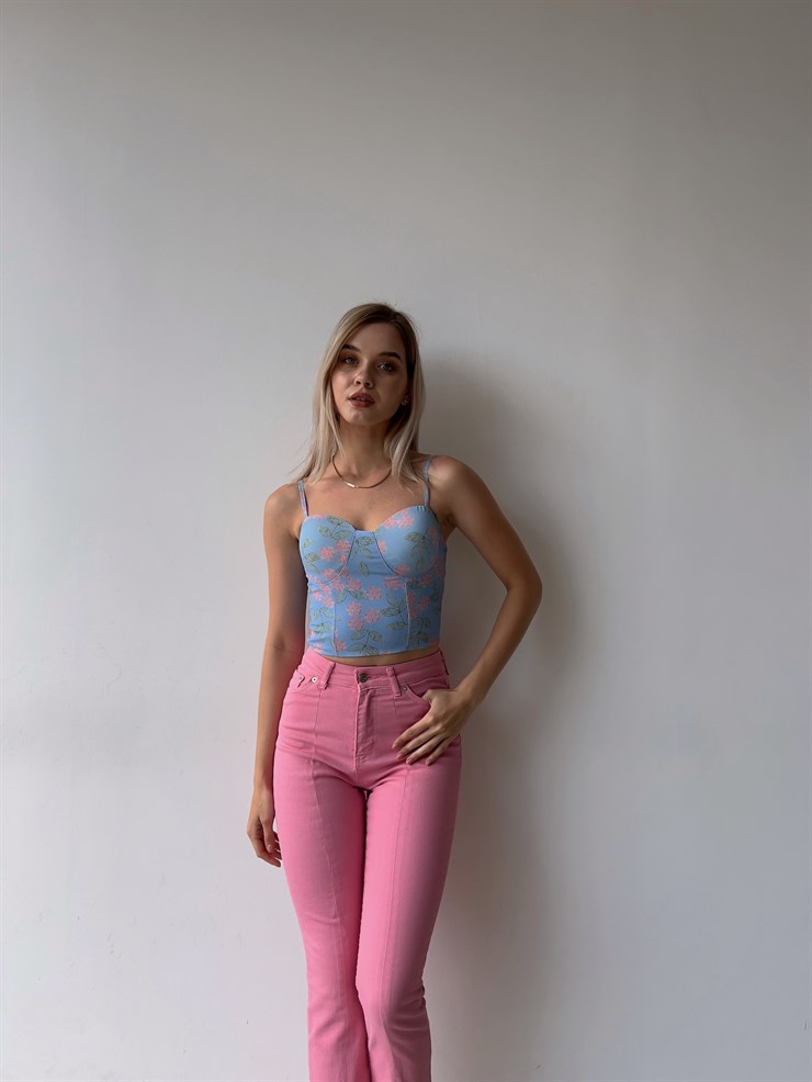 Çiçek Desen Sırtı Gipeli Göğüs Kuplu Harper Kadın Mavi Crop Bluz 22Y000210