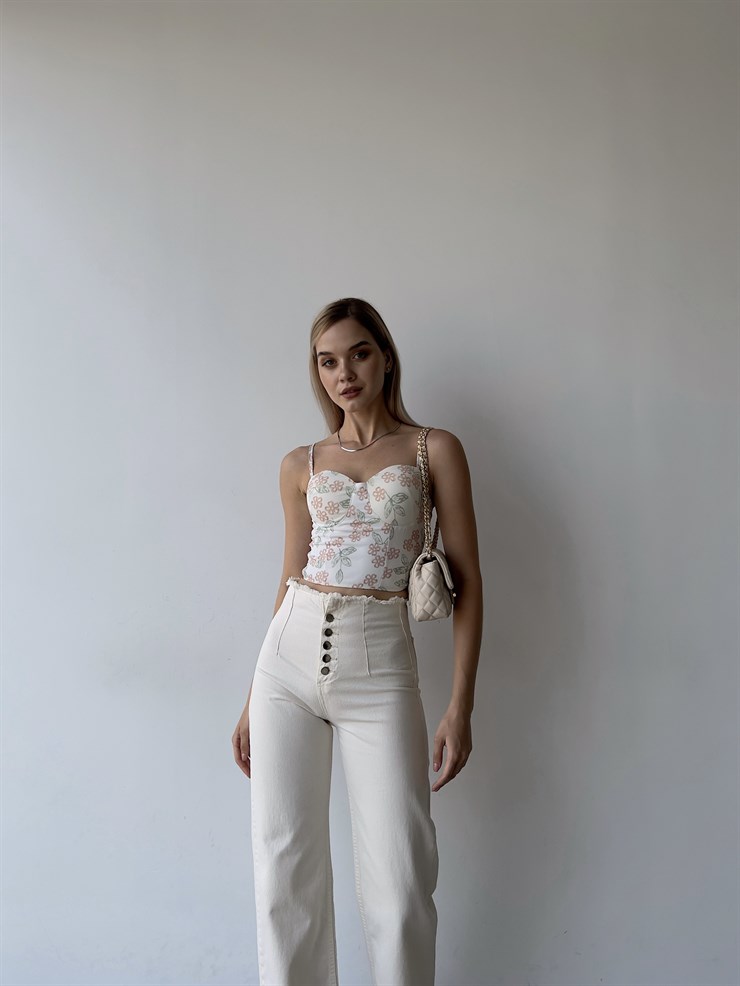 Çiçek Desen Sırtı Gipeli Göğüs Kuplu Harper Kadın Beyaz Crop Bluz 22Y000210