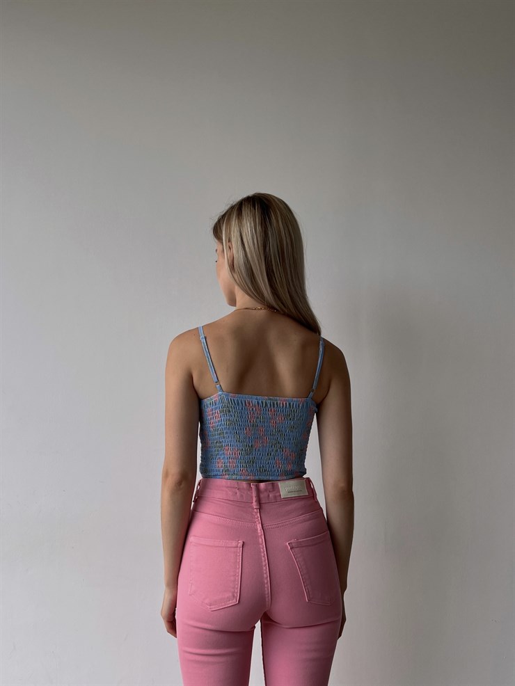 Çiçek Desen Sırtı Gipeli Göğüs Kuplu Harper Kadın Mavi Crop Bluz 22Y000210