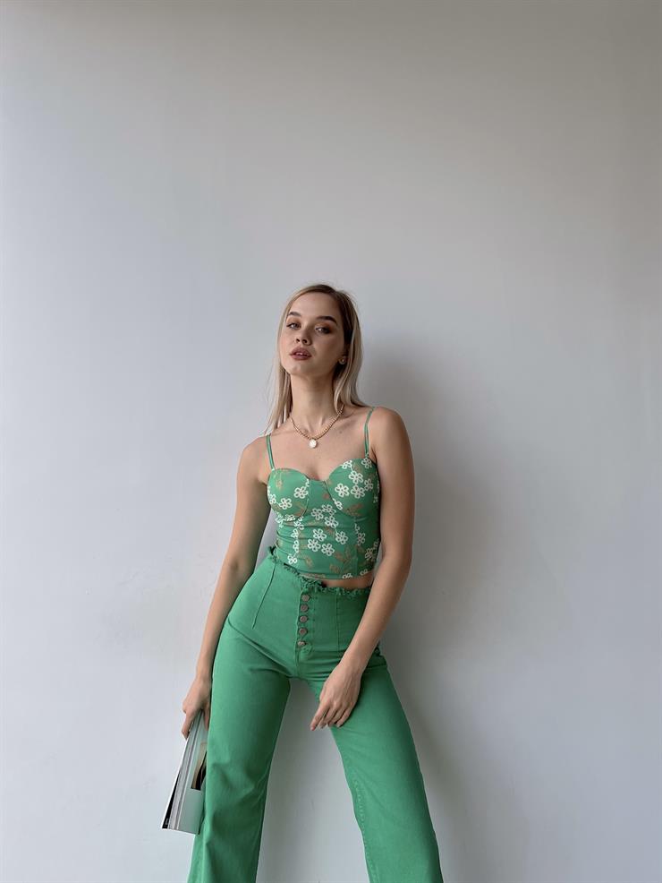 Çiçek Desen Sırtı Gipeli Göğüs Kuplu Harper Kadın Yeşil Crop Bluz 22Y000210