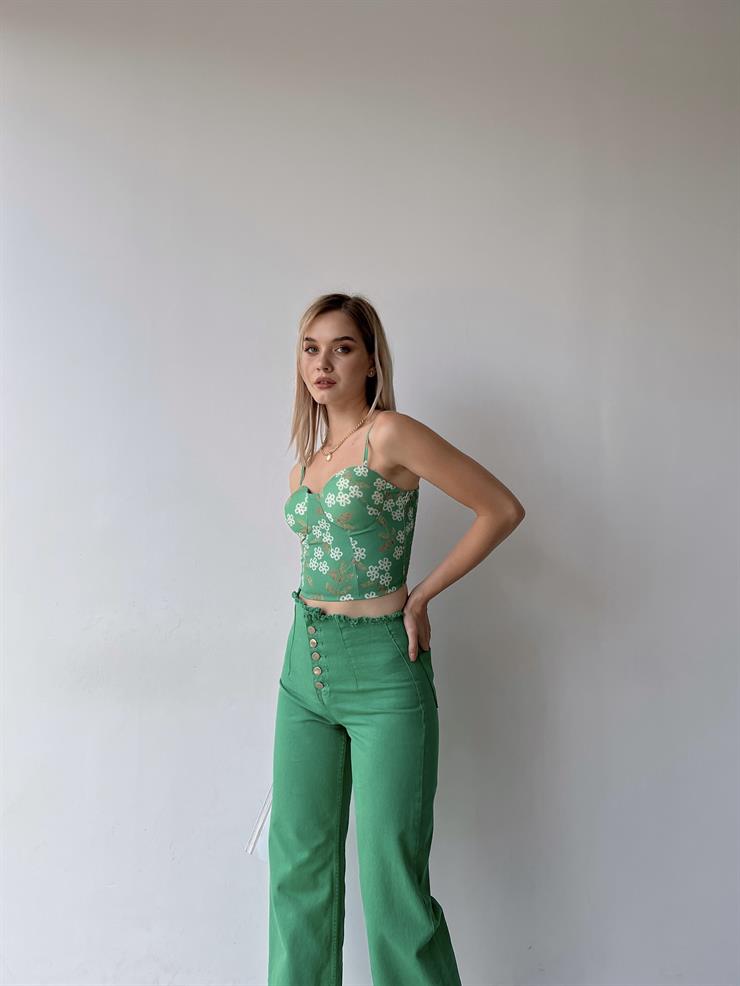 Çiçek Desen Sırtı Gipeli Göğüs Kuplu Harper Kadın Yeşil Crop Bluz 22Y000210