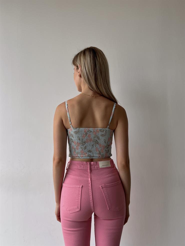 Çiçek Desen Sırtı Gipeli Göğüs Kuplu Harper Kadın Mint Crop Bluz 22Y000210