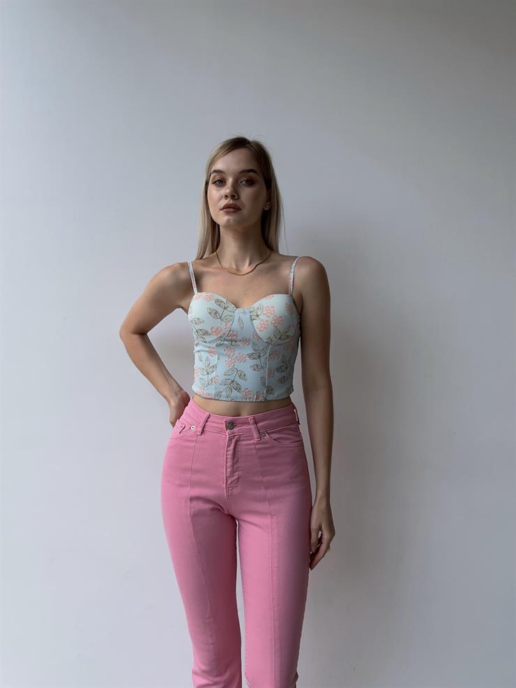 Çiçek Desen Sırtı Gipeli Göğüs Kuplu Harper Kadın Mint Crop Bluz 22Y000210