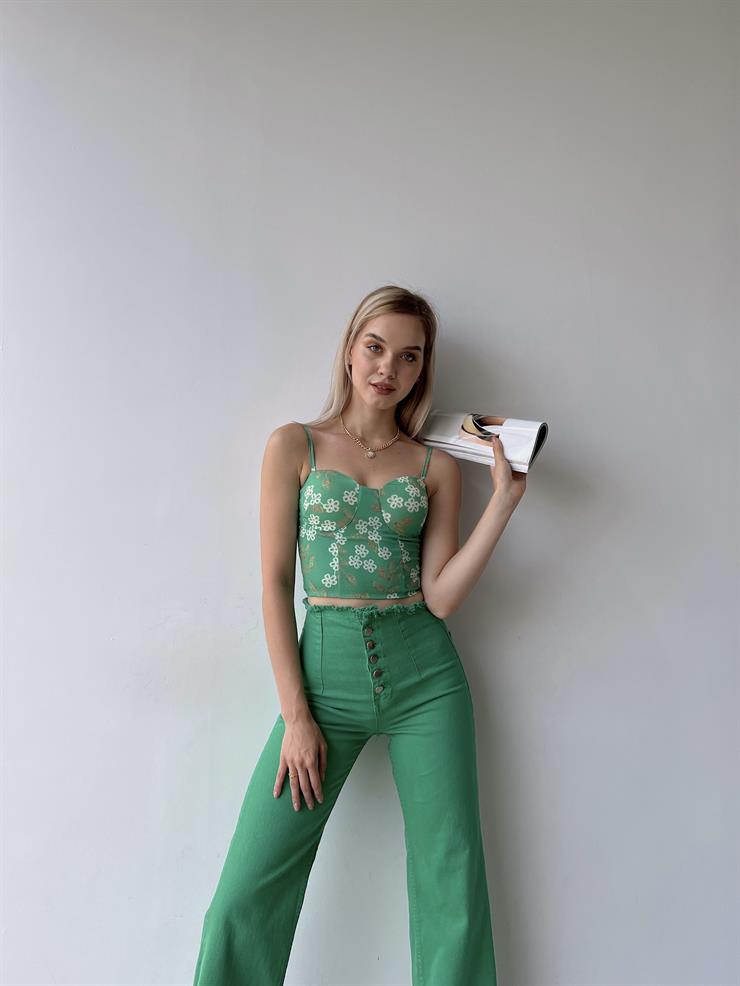 Çiçek Desen Sırtı Gipeli Göğüs Kuplu Harper Kadın Yeşil Crop Bluz 22Y000210