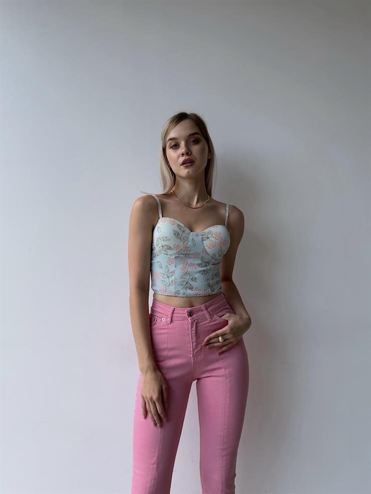Çiçek Desen Sırtı Gipeli Göğüs Kuplu Harper Kadın Mint Crop Bluz 22Y000210