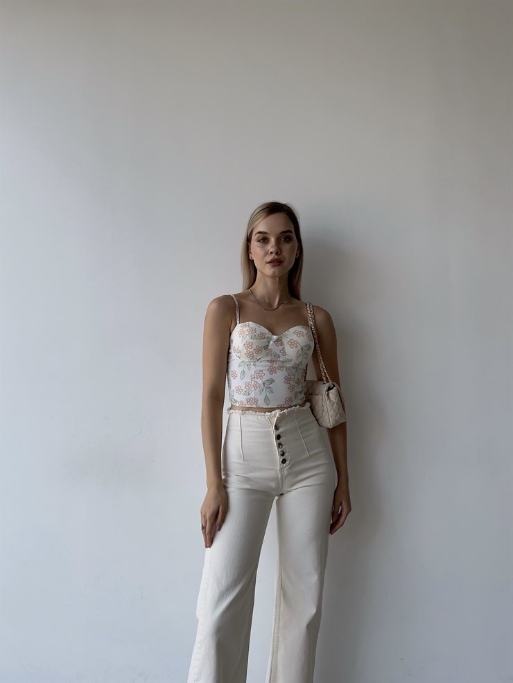 Çiçek Desen Sırtı Gipeli Göğüs Kuplu Harper Kadın Beyaz Crop Bluz 22Y000210