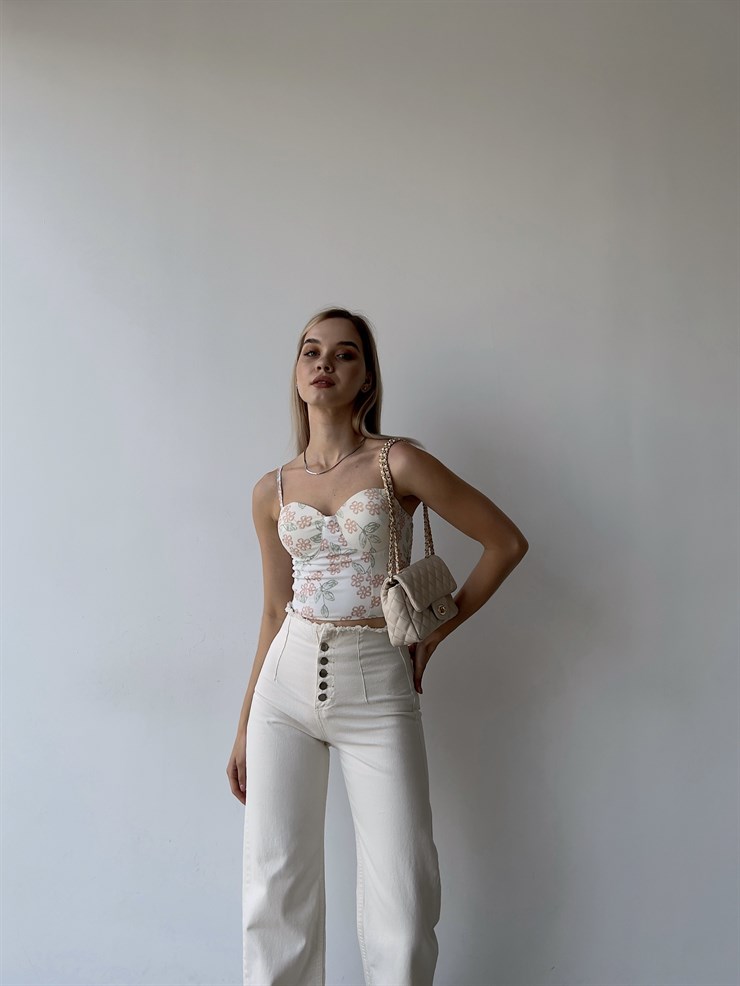 Çiçek Desen Sırtı Gipeli Göğüs Kuplu Harper Kadın Beyaz Crop Bluz 22Y000210