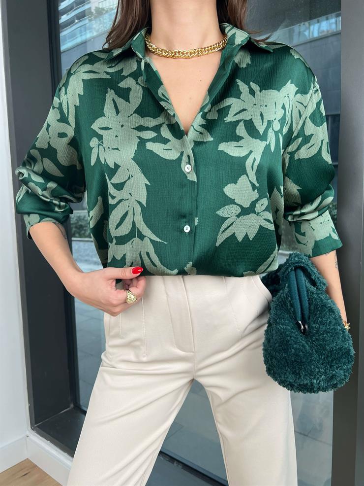 Çiçek Desenli Kadın Yeşil Saten Gömlek 24k363