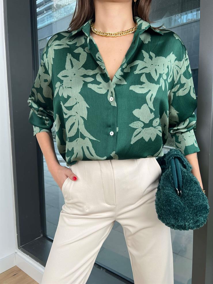 Çiçek Desenli Kadın Yeşil Saten Gömlek 24k363