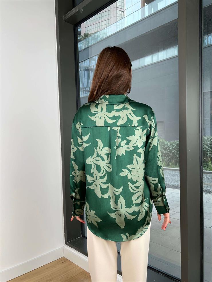 Çiçek Desenli Kadın Yeşil Saten Gömlek 24k363
