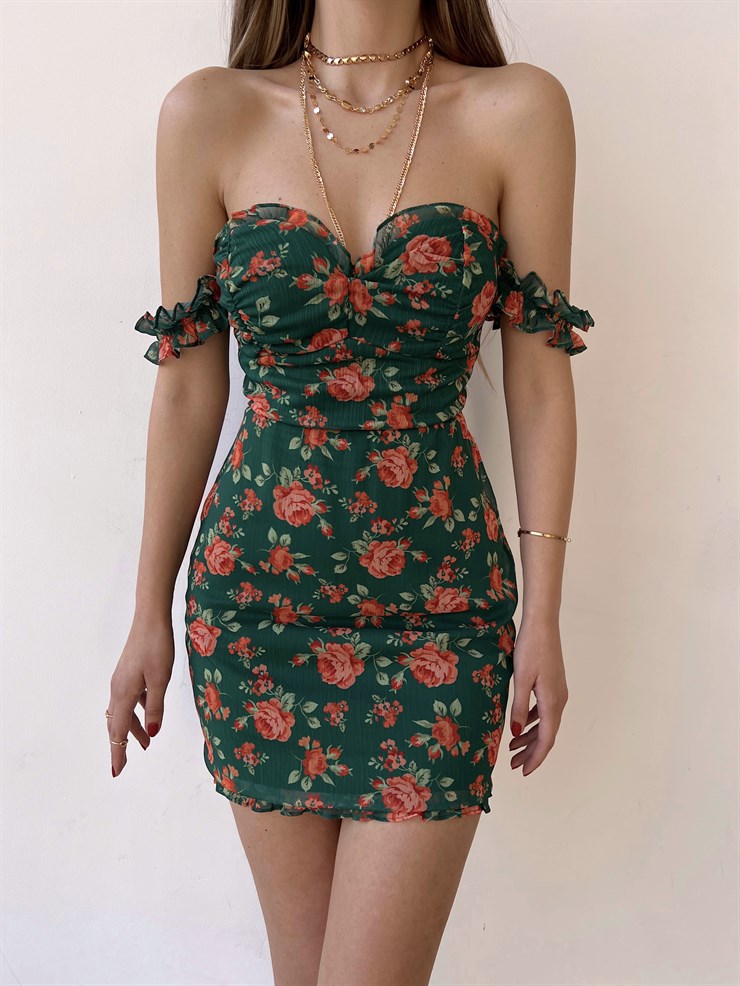 Çiçek Desenli İnce Süngerli Fırfırlı Straplez Paula Kadın Yeşil Elbise 22Y000285