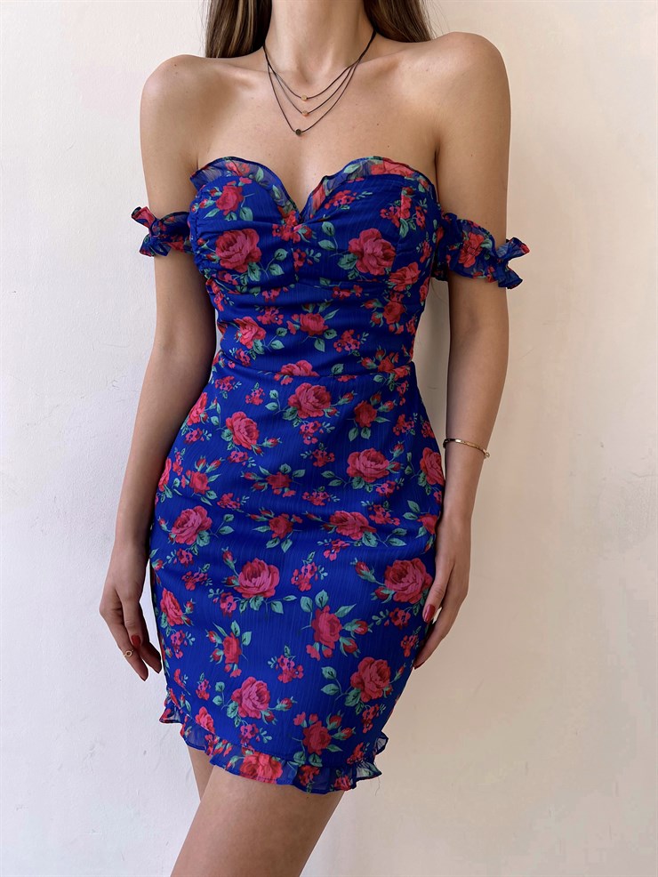 Çiçek Desenli İnce Süngerli Fırfırlı Straplez Paula Kadın Saks Elbise 22Y000285