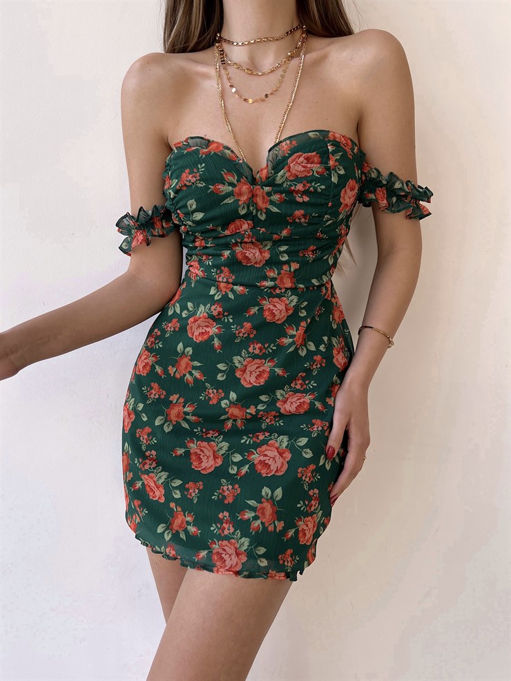 Çiçek Desenli İnce Süngerli Fırfırlı Straplez Paula Kadın Yeşil Elbise 22Y000285