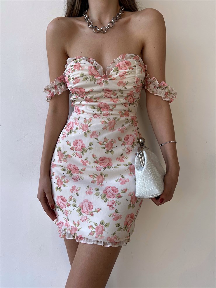 Çiçek Desenli İnce Süngerli Fırfırlı Straplez Paula Kadın Beyaz Elbise 22Y000285