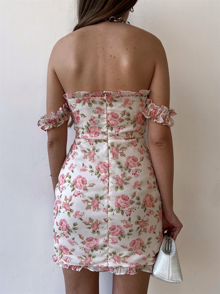 Çiçek Desenli İnce Süngerli Fırfırlı Straplez Paula Kadın Beyaz Elbise 22Y000285