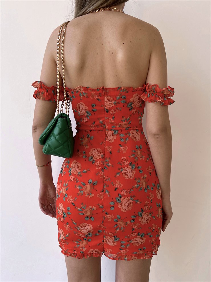 Çiçek Desenli İnce Süngerli Fırfırlı Straplez Paula Kadın Turuncu Elbise 22Y000285