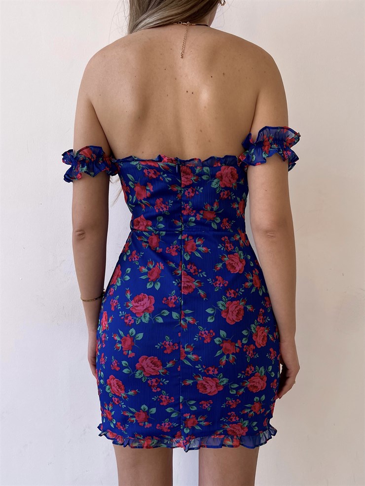 Çiçek Desenli İnce Süngerli Fırfırlı Straplez Paula Kadın Saks Elbise 22Y000285