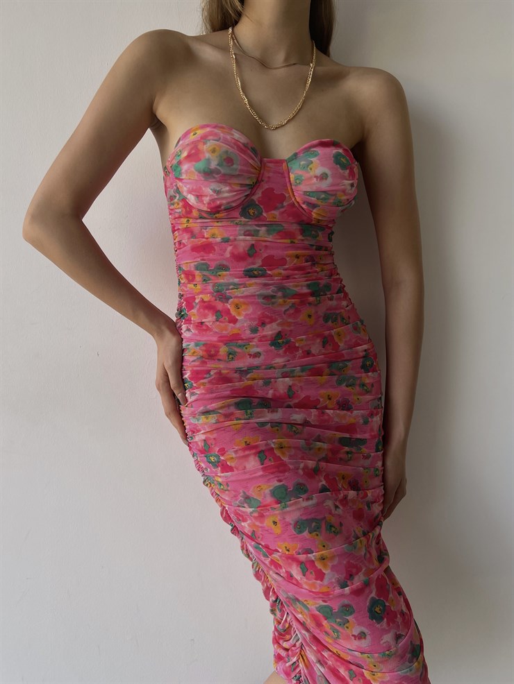 Çiçek Desenli Kalp Yaka Drapeli Straplez Hobart Kadın Pembe Midi Elbise 23K000027