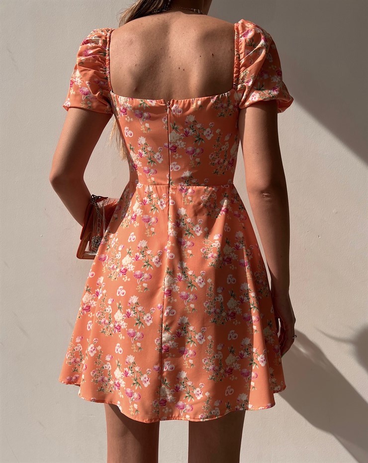 Çiçek Desenli Önden Düğmeli Abbie Kadın Turuncu Mini Elbise 22Y000071