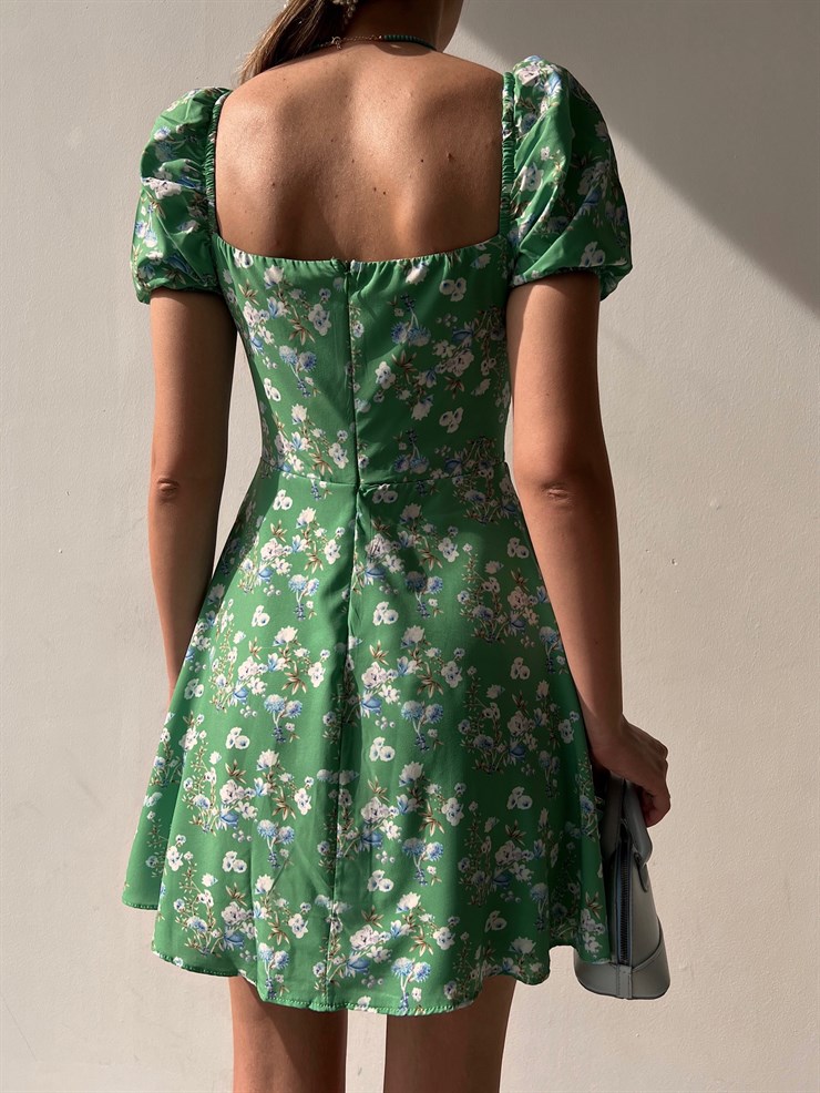 Çiçek Desenli Önden Düğmeli Abbie Kadın Yeşil Mini Elbise 22Y000071