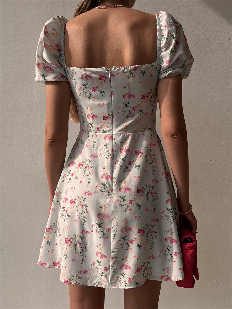 Çiçek Desenli Önden Düğmeli Abbie Kadın Bebe Mavi Mini Elbise 22Y000071