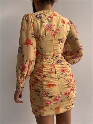 Çiçekli Balon Kol Drape Pure Kadın Sarı Elbise 21Y000458