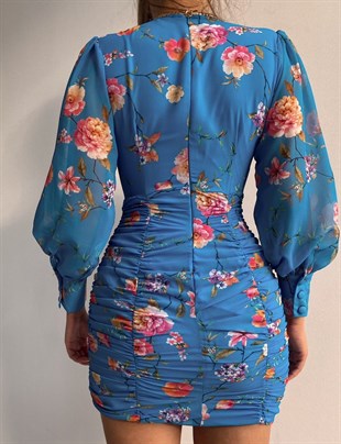 Çiçekli Balon Kol Drape Pure Kadın Mavi Elbise 21Y000458