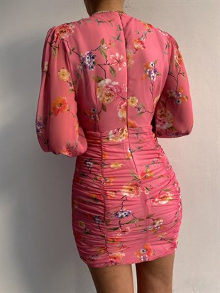 Çiçekli Balon Kol Drape Pure Kadın Pembe Elbise 21Y000458